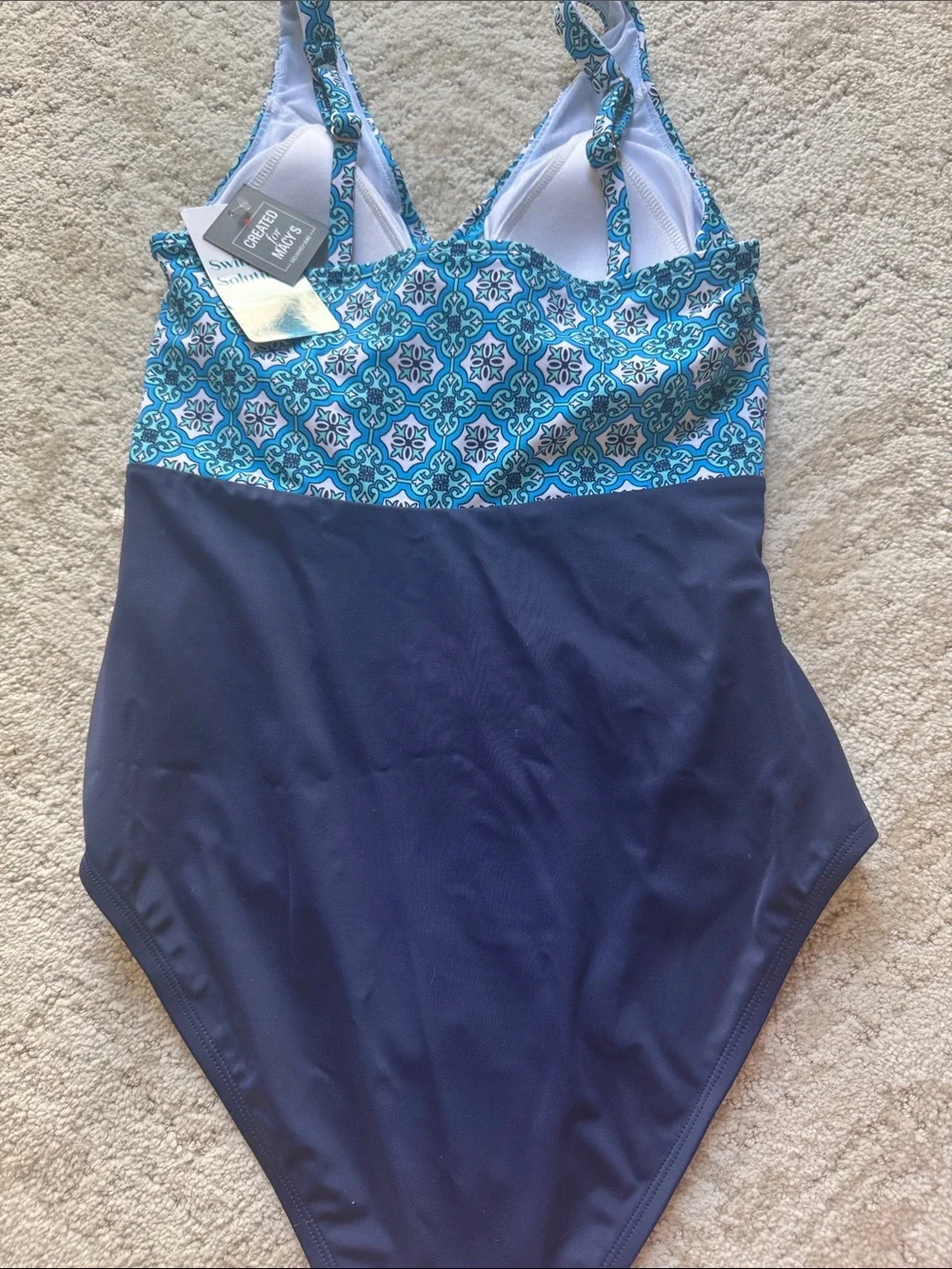Swim Solutions Turquoise and Navy Tile-Print Wrap One-Piece Swimsuit - Picture 3 of 4